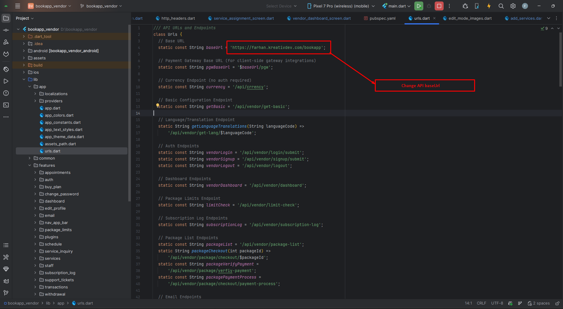 Change API URL in urls.dart