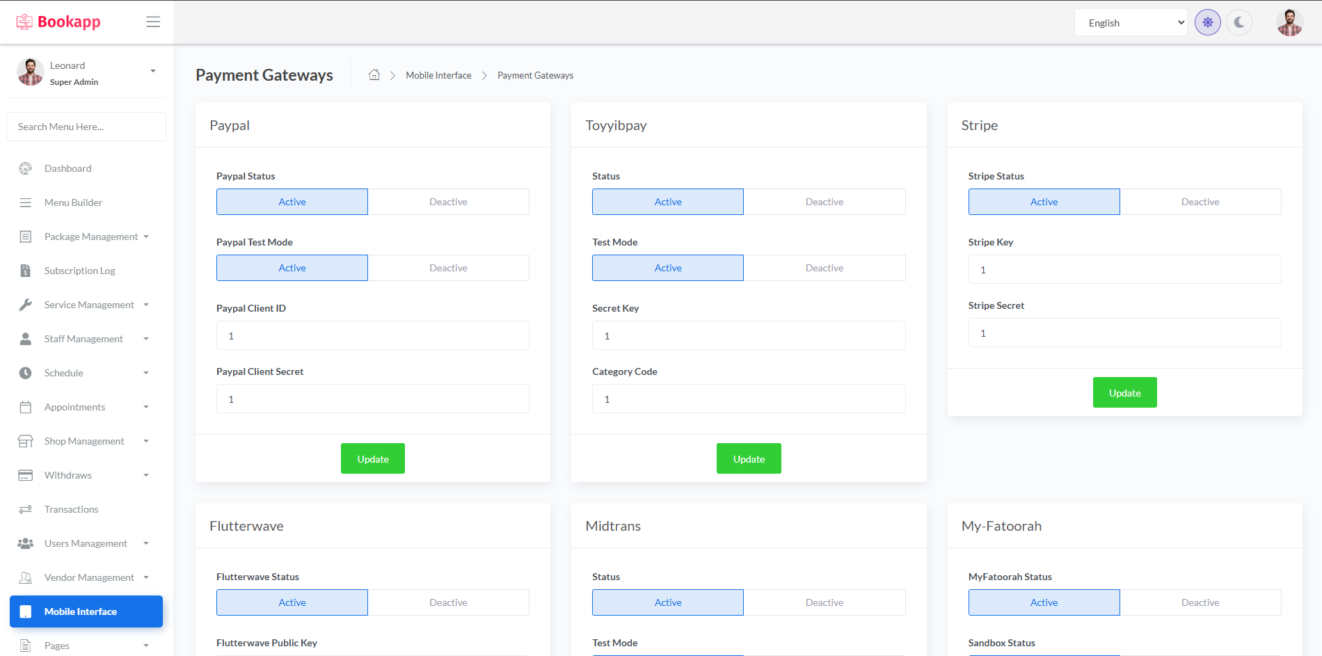 Mobile Interface - Payment Gateways