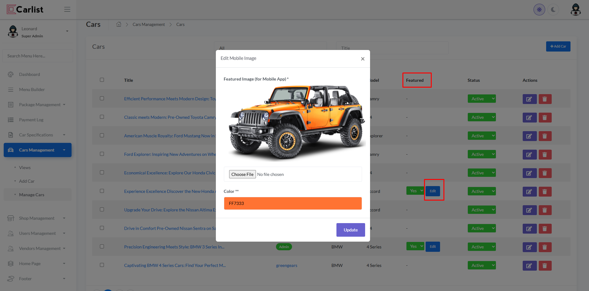 Mobile Interface - Featured List Slider Settings