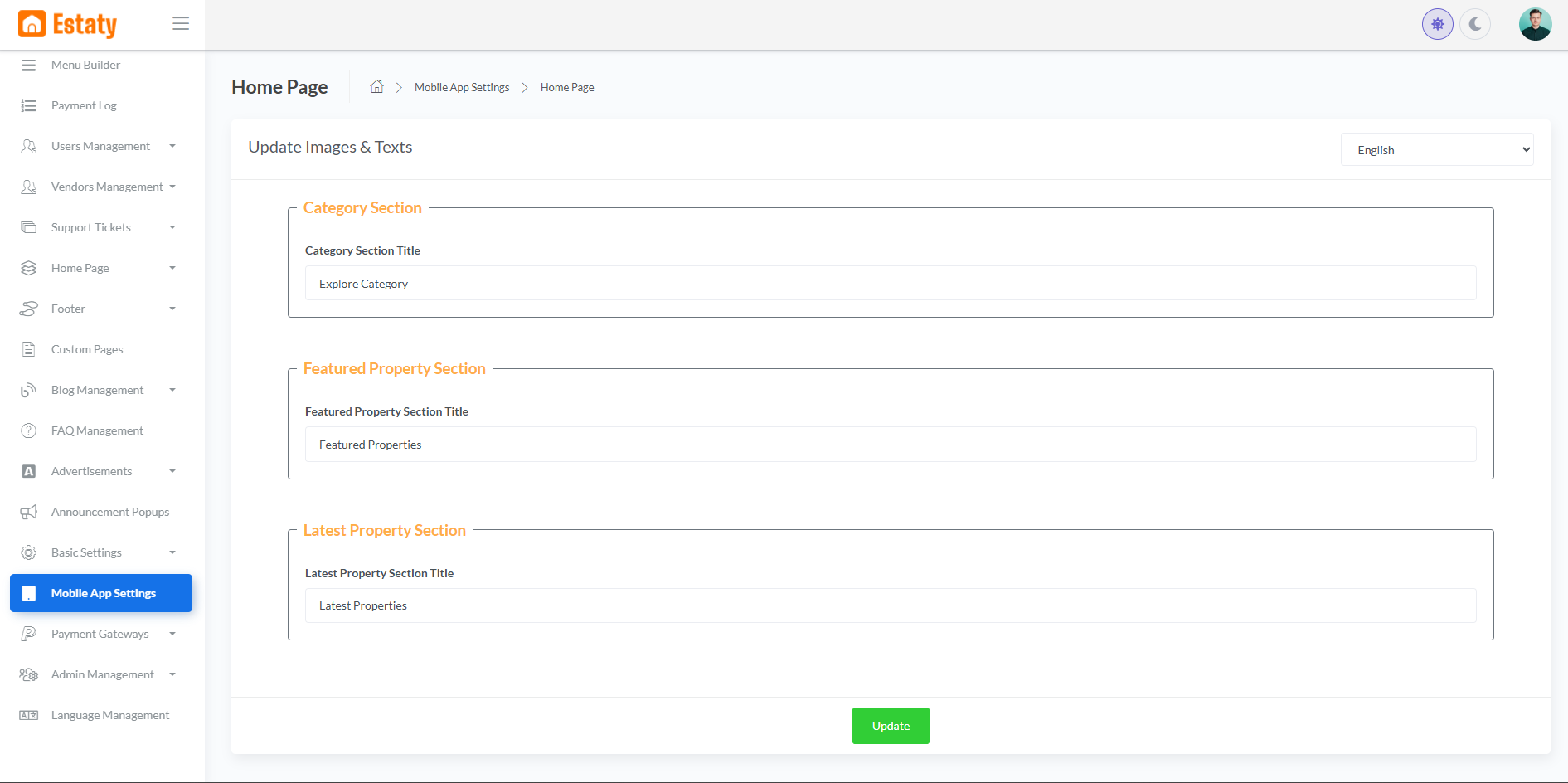 Mobile Interface - Home Page