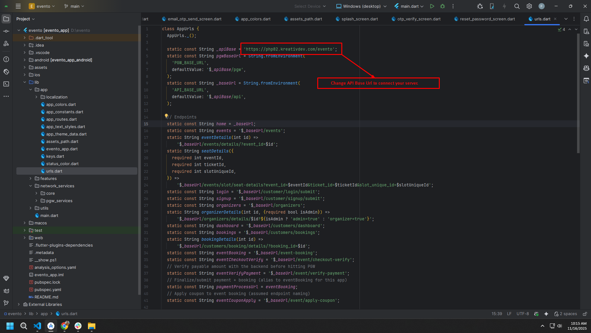 Change API URL in urls.dart