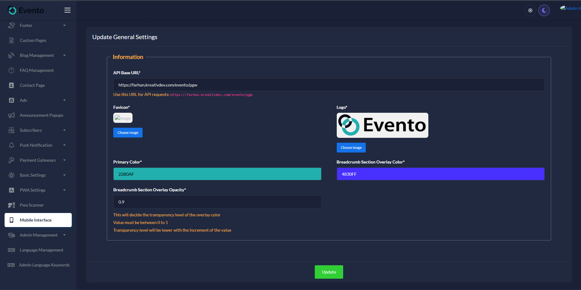 Mobile Interface - General Settings