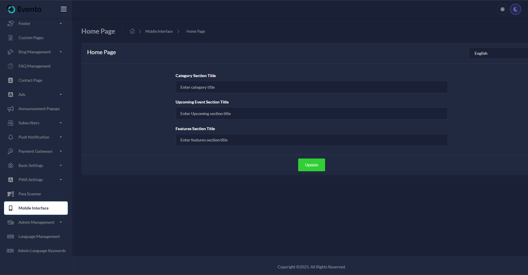 Mobile Interface - Home Page
