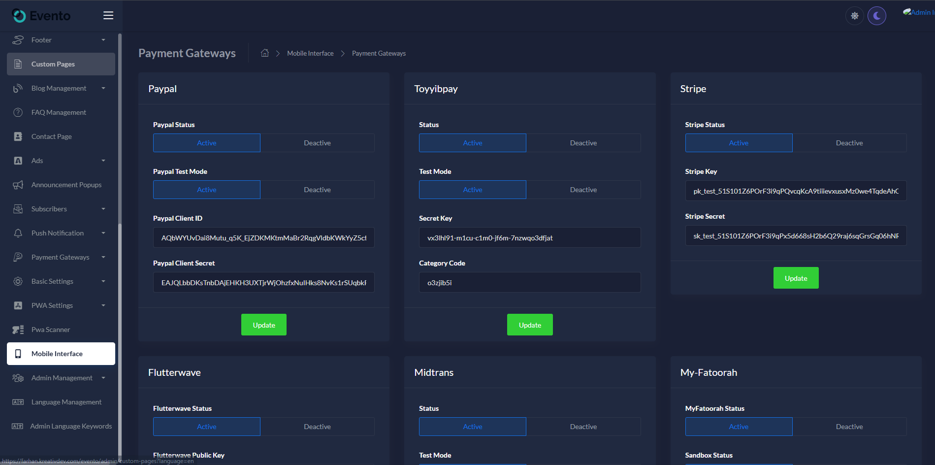 Mobile Interface - Payment Gateways