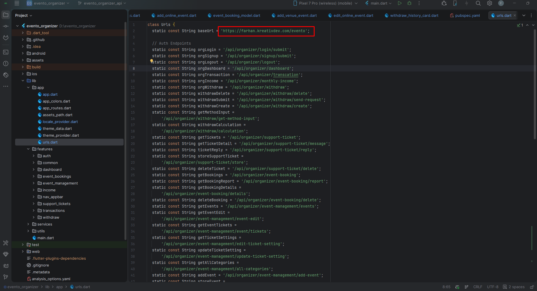 Change API URL in urls.dart